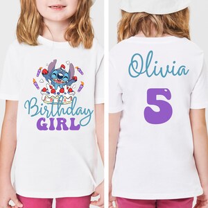Puede incluir: Camiseta blanca con un personaje de dibujos animados, una tarta de cumplea&ntilde;os y la frase "Birthday Girl". La parte trasera de la camiseta muestra el nombre "Olivia" y el n&uacute;mero "5" en morado.