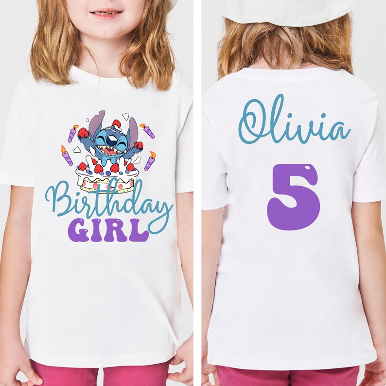 Puede incluir: Camiseta blanca con un personaje de dibujos animados, una tarta de cumplea&ntilde;os y la frase "Birthday Girl". La parte trasera de la camiseta muestra el nombre "Olivia" y el n&uacute;mero "5" en morado.