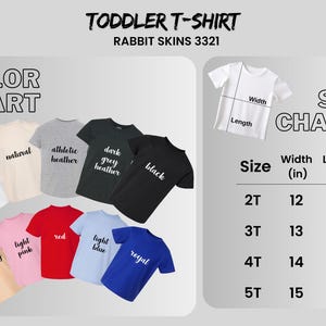 Puede incluir: Una tabla de colores y una tabla de tallas para camisetas para ni&ntilde;os peque&ntilde;os. La tabla de colores muestra varios colores de camisetas, incluyendo blanco, natural, gris atl&eacute;tico, gris oscuro jaspeado, negro, melocot&oacute;n, rosa claro, rojo, azul claro y royal. La tabla de tallas muestra las medidas en cm para las tallas 2T a 5T.