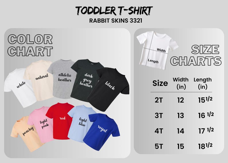 Puede incluir: Una tabla de colores y una tabla de tallas para camisetas para ni&ntilde;os peque&ntilde;os. La tabla de colores muestra varios colores de camisetas, incluyendo blanco, natural, gris atl&eacute;tico, gris oscuro jaspeado, negro, melocot&oacute;n, rosa claro, rojo, azul claro y royal. La tabla de tallas muestra las medidas en cm para las tallas 2T a 5T.