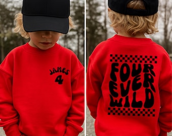 Four Ever Wild Birthday Sweatshirt – Personalized 4th Birthday T-Shirt, Custom Name Boy Birthday Hoodie, Birthday Gift for Boys