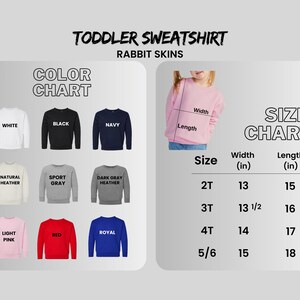 Puede incluir: Una tabla de colores y una tabla de tallas para sudaderas para ni&ntilde;os peque&ntilde;os. La tabla de colores muestra sudaderas en blanco, negro, azul marino, gris natural, gris deportivo, gris oscuro jaspeado, rosa claro, rojo y azul real. La tabla de tallas muestra las medidas en cm.