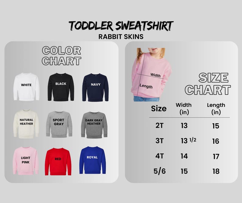 Puede incluir: Una tabla de colores y una tabla de tallas para sudaderas para ni&ntilde;os peque&ntilde;os. La tabla de colores muestra sudaderas en blanco, negro, azul marino, gris natural, gris deportivo, gris oscuro jaspeado, rosa claro, rojo y azul real. La tabla de tallas muestra las medidas en cm.