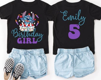 Birthday Girl Stitch Shirt –  Custom Name & Age Sweatshirt, Cute Stitch Cake Design, Birthday Outfit for Girls, Party Shirt Kids