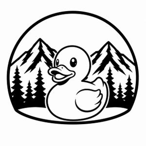 May include: Black and white illustration of a cartoon duck with a mountain and forest backdrop, enclosed in a circular frame. The duck has a friendly expression, and the design is suitable for various products.