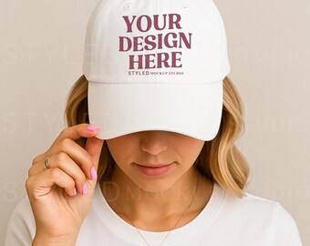 White Trucker Hat Mockup: Studio Model, Embroidery Design (JPG File 3000x3000 px)