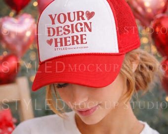 Valentine's Red Trucker Hat Mockup | Otto Cap, Styled Studio (Digital Download)