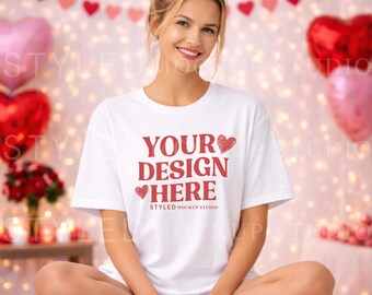 Valentine's T-Shirt Mockup | Gildan 5000, Smiling Model (Digital Download)