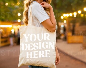Canvas Tote Bag Mockup: Outdoor Lighting, Styled Scene (Digital Download)