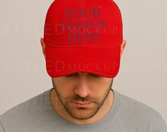 Red Trucker Hat Mockup: Male Model, Embroidery Design (JPG Digital Download 3000x3000 px)