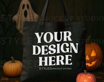 Halloween Tote Bag Mockup: Black Canvas with Pumpkins & Ghost (JPG Digital Download)