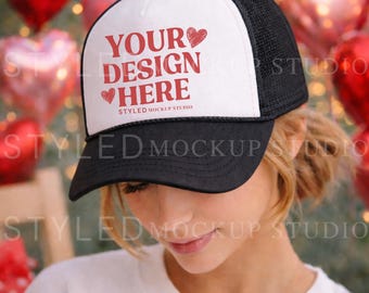 Valentine's Trucker Hat Mockup | Black & White Otto Cap (Digital Download)