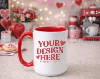 Valentine Mug Mockup | Red Handle Coffee Mug, Styled Scene (Digital Download)