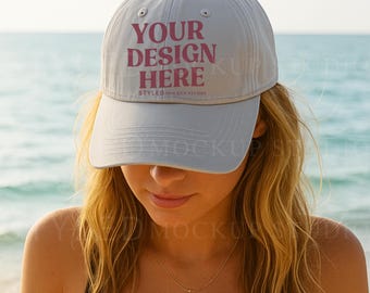 Gray Trucker Hat Mockup: Beach Lifestyle Scene (Digital Download JPG File 3000x3000px)
