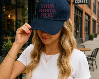 Navy Trucker Hat Mockup: Lifestyle Coffee Shop Scene (JPG Digital Download 3000x3000 px)