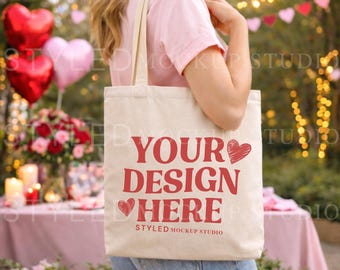 Valentine's Tote Bag Mockup | Cream Canvas, Styled Scene (Digital Download)