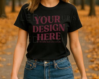 Black Gildan 5000 T-Shirt Mockup: Fall Leaves, Unisex Tee (Digital Download)