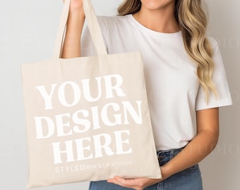 Cream Canvas Tote Bag Mockup: Studio Model, Front View (Digital Download