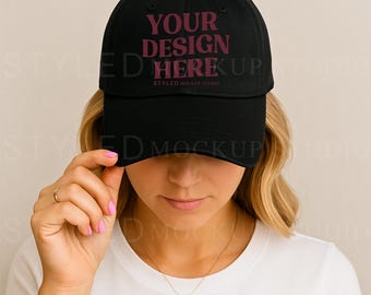 Black Trucker Hat Mockup: Studio Model, Embroidery Design (JPG File, Digital Download