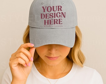 Gray Trucker Hat Mockup: Studio Model, Embroidery Design (JPG Digital Download)