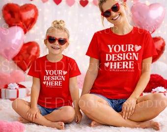 Valentine's Mom & Kid T-Shirt Mockup | Red Gildan 5000 (Digital Download)