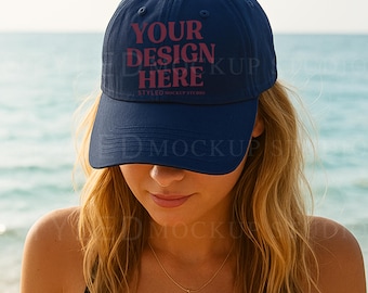 Navy Trucker Hat Mockup: Beach Lifestyle Scene (Digital Download JPG File 3000x3000px)