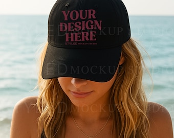 Black Trucker Hat Mockup: Beach Lifestyle Scene (JPG Digital Download 3000x3000 px)