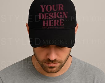 Black Trucker Hat Mockup: Male Model, Embroidery Design (JPG Digital Download 3000x3000 px)