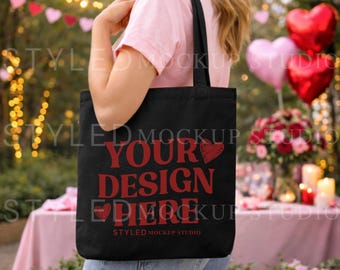 Valentine's Black Tote Bag Mockup | Romantic Styled Scene (Digital Download)