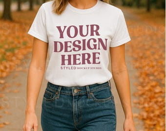 Mockup de camiseta com folhas de outono: Gildan 5000, cena externa de outono (download digital)
