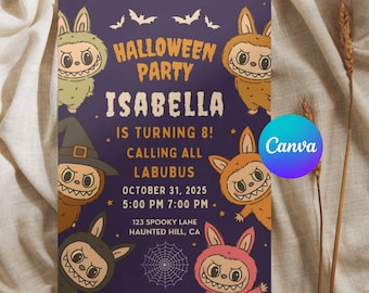 Invito modificabile per la festa di Halloween di Labubu, biglietto d'invito per la festa di Labubu, modello modificabile Canva, invito modificabile per la festa di Halloween in PDF