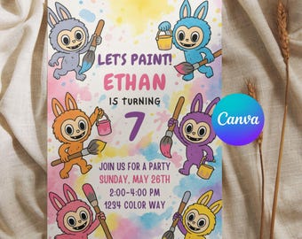 Editable Labubu Birthday Invitation, Labubu Party Invite, Watercolor Labubu Invite, Labubu Birthday Invite, Canva Template Instant Download