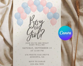 Editable Boy or Girl Gender Reveal Invitation, Baby Boy Or Girl Party Invite Template PDF, He Or She Balloon Baby Invitation, Canva Template