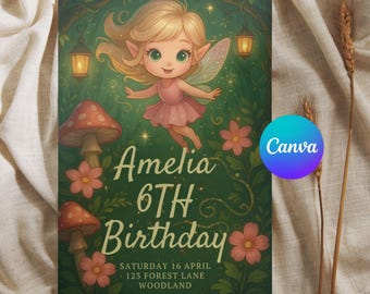 Editable Fairy Birthday Party Invitation, 6th Birthday Party Invite, Fairy Birthday Invitation, Magical Garden Invitation, Canva Template