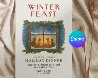 Puede incluir: Una invitación de color crema con el texto "WINTER FEAST" en borgoña. La invitación presenta una ilustración en acuarela de una escena de ventana con personas reunidas alrededor de una mesa. También se incluye el texto "PLEASE JOIN US FOR A HOLIDAY DINNER".