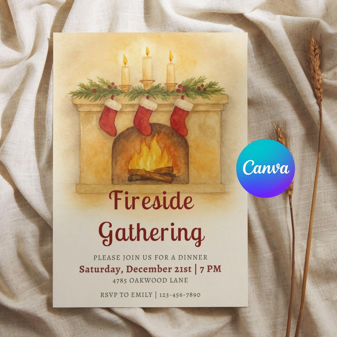 Fireside Gathering Christmas Party Invitation, Editable Christmas Party ...