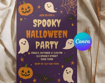 May include: A purple Halloween party invitation with orange text and illustrations. The invitation features a jack-o'-lantern, ghosts, bats, and a spiderweb. The text reads "Spooky Halloween Party" with event details and RSVP information.