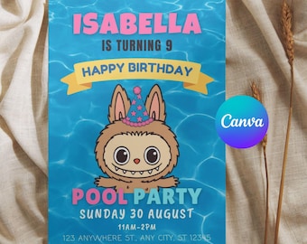 Labubu Birthday Party Invitation, Labubu Editable Card, Labubu Pool Party, Labubu Birthday Party, Printable Invite, Canva Editable Template