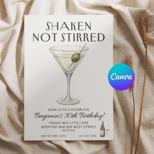 May include: A white invitation card with the text "SHAKEN NOT STIRRED" above a watercolor illustration of a martini glass with an olive. The card announces Benjamin's 30th birthday, including date, time, and location.