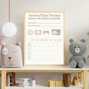 May include: A framed screen time tracker with the text "Screen Time Tracker" and "Registro de tiempo de pantalla". The tracker includes spaces for name and week, and icons of a clock, tablet, game controller, and TV.