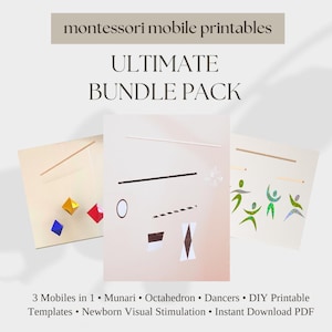 Puede incluir: Imagen de un paquete de móviles Montessori imprimibles. El texto dice "montessori mobile printables ULTIMATE BUNDLE PACK." La imagen muestra tres móviles: Munari, Octaedro y Bailarines. El texto también menciona plantillas imprimibles y estimulación visual para recién nacidos.