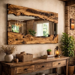 Espejo de pared de madera con borde natural y marco natural, espejo rústico hecho a mano para sala de estar, espejo grande de madera de olivo, decoración de madera reciclada orgánica.