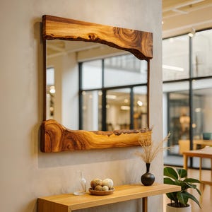 Live Edge Wood Wall Mirror With Natural Frame, Handmade Rustic Mirror For Living Room, Olive Wood Large Mirror, Organic Reclaimed Wood Decor
