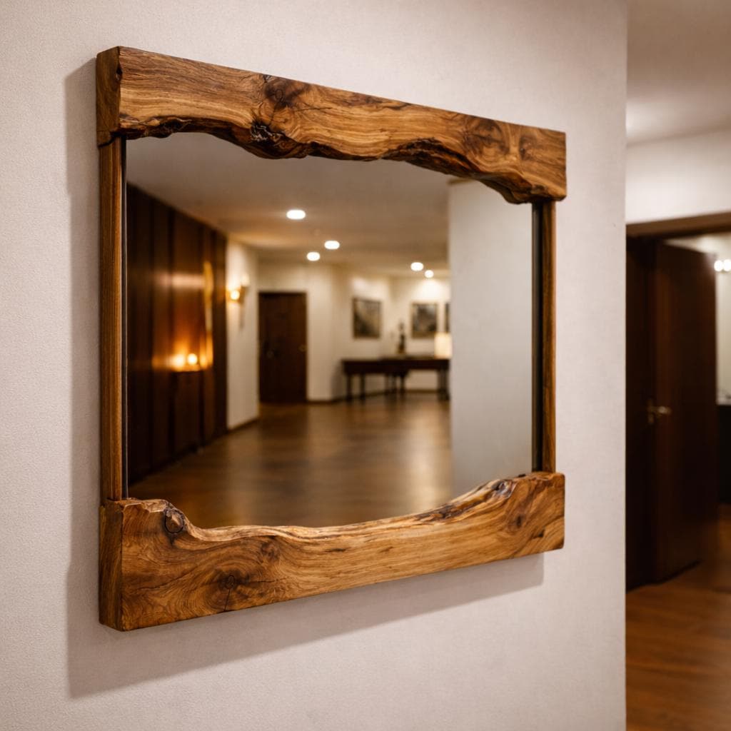 Live Edge Wood Wall Mirror With Natural Frame, Handmade Rustic