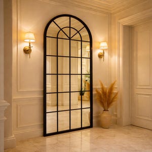 Large Arched Wall Mirror with Black Wooden Frame for Modern Farmhouse Living Room or Entryway Decor, Decorative Oversized Accent Mirror