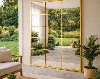 Espejo grande de rejilla de cuerpo entero con marco de madera dorada, espejo de pie moderno estilo granja para dormitorio, vestidor o entrada.