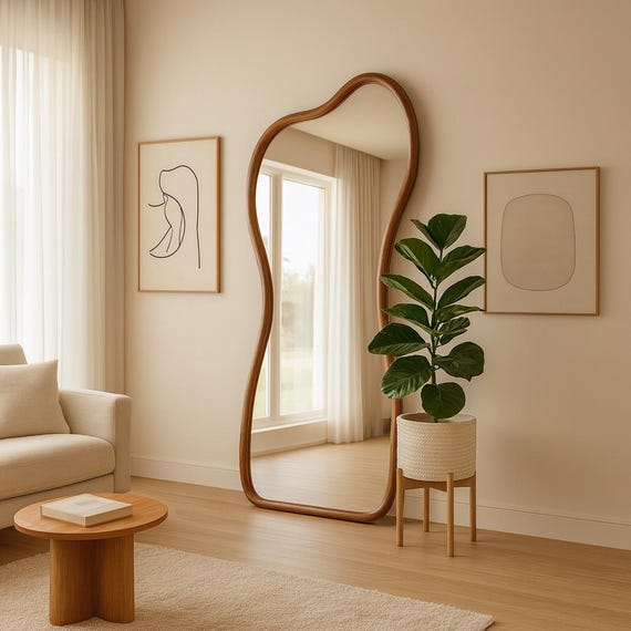 Asymmetrical Full Length Mirror with Organic Solid Wood Frame, Irregular Wooden Frame Floor Mirror, Decorative Wavy Rustic Natural Mirror