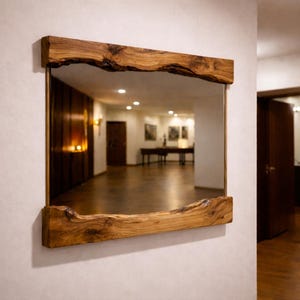 Live Edge Wood Wall Mirror With Natural Frame, Handmade Rustic Mirror For Living Room, Olive Wood Large Mirror, Organic Reclaimed Wood Decor