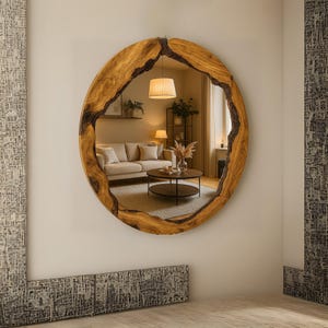 Round Live Edge Wood Wall Mirror for Living Room or Entryway, Olive Wood Circle Mirror Handmade Rustic Natural Wooden Mirror for Farmhouse