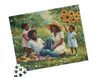 Black Family Picnic Jigsaw Puzzle: Black Art Puzzle, Spring Meadow Illustration, African American Art